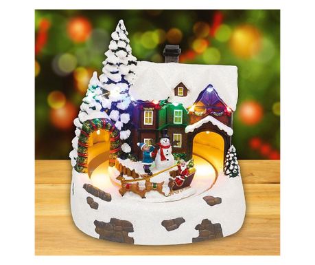 Diorama božič, večbarvne LED luči, vrtljiva sani z jeleni, snežak, 20,5x20 cm