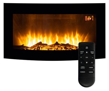 Električni stenski kamin, 2000 W, 2 stopnji, daljinski upravljalnik, ukrivljen, LED plamen, tedensko programabilen