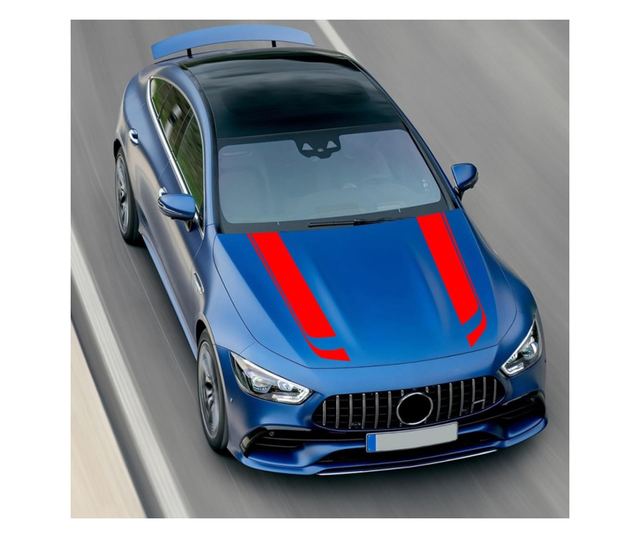 Комплект от 2 самозалепващи се стикера Tuning, модел "Hood Stripes V1", размер 85 х 12 см, цвят Червен