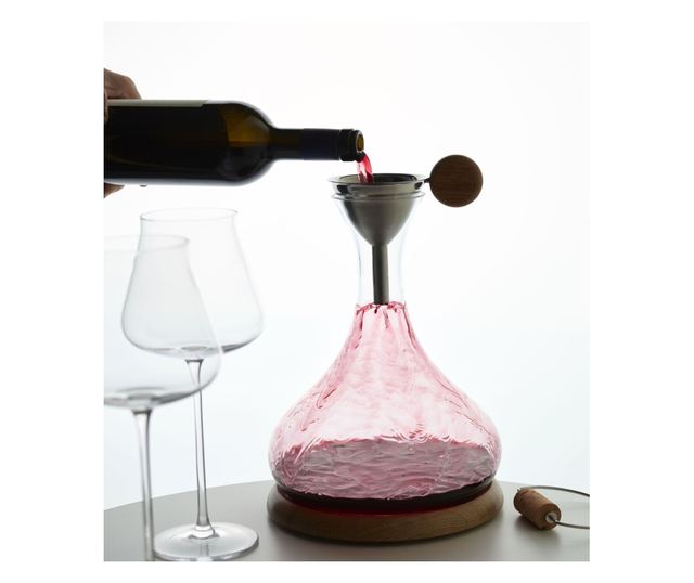 Legnoart boros dekanter ajándékkészlet, Langhe, 4 db, fúvott kristály dekanter, ólommentes, űrtartalom 2,5 L, tölgy prezentációs