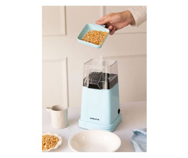 Retro CREATE pattogatott kukorica gép, kapacitása 80 g, mindössze 3 perc alatt kész, könnyen használható, 1200 W, adagolókanál,