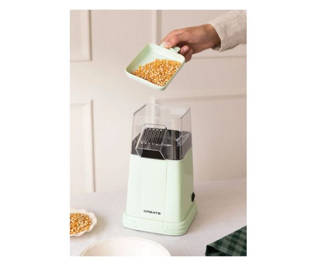 Popcorn gép Retro CREATE, kapacitása 80 g, mindössze 3 perc alatt kész, könnyen használható, 1200 W, adagolókanál, kicsi és komp