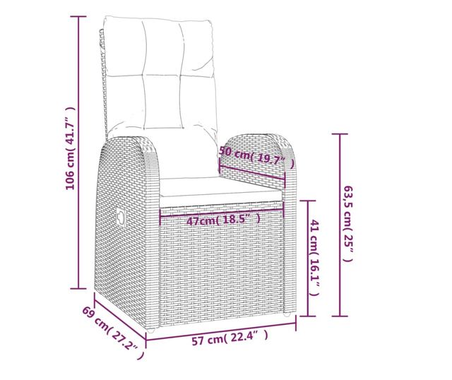 Комплект градински шезлонги, 3 части, Черен, Поли ратан и стомана