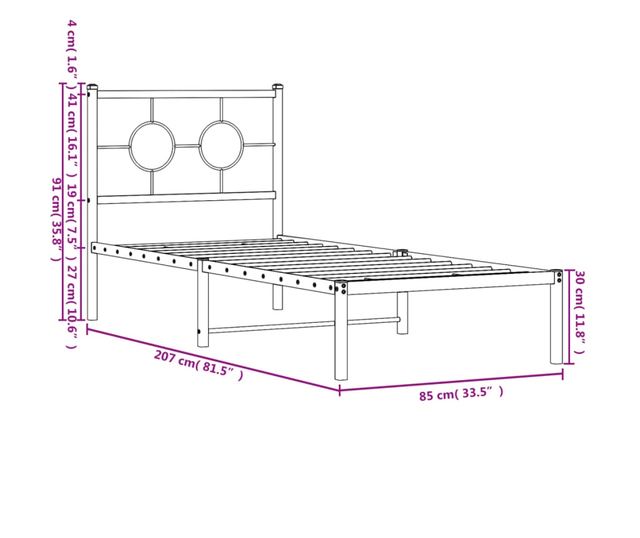 fekete fém ágykeret fejtámlával 80 x 200 cm