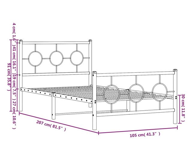 fehér fém ágykeret fej- és lábtámlával 100x200 cm