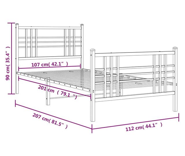 fekete fém ágykeret fej- és lábtámlával 107 x 203 cm
