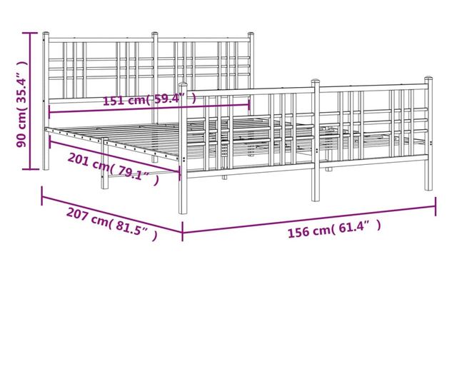 fekete fém ágykeret fej- és lábtámlával 150 x 200 cm