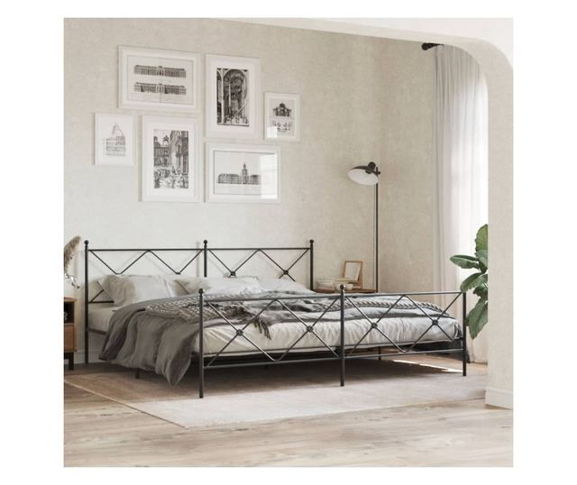 fekete fém ágykeret fej- és lábtámlával 193 x 203 cm