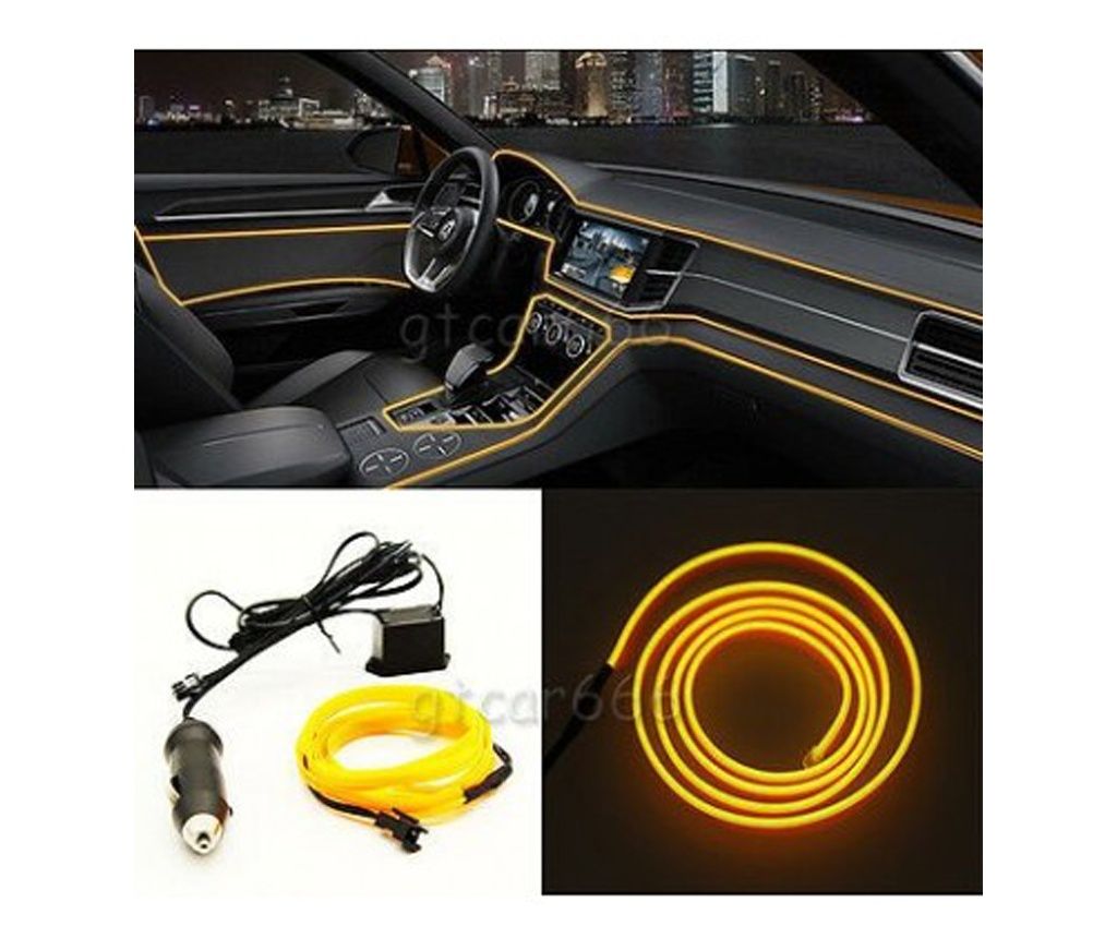2m Neon Car Electroluminescent El Wire with Yellow Light, Driver, and Cigarette Lighter Plug