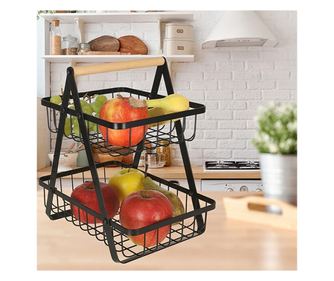 Cos de fructe cu doua etaje, pliabil, lemn + metal, culoare neagra