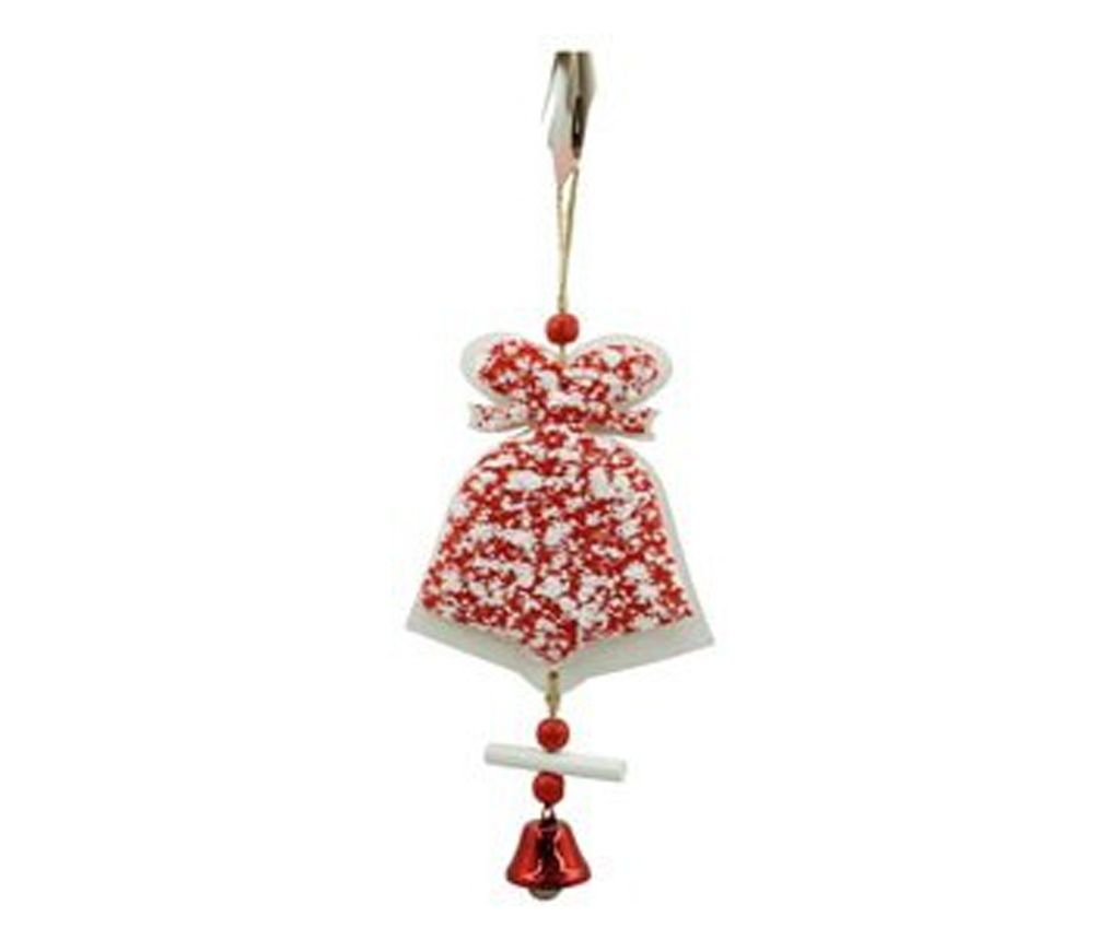 Ornament de brad clopotel din tweed, Flippy, alb/rosu, lemn, 18 cm