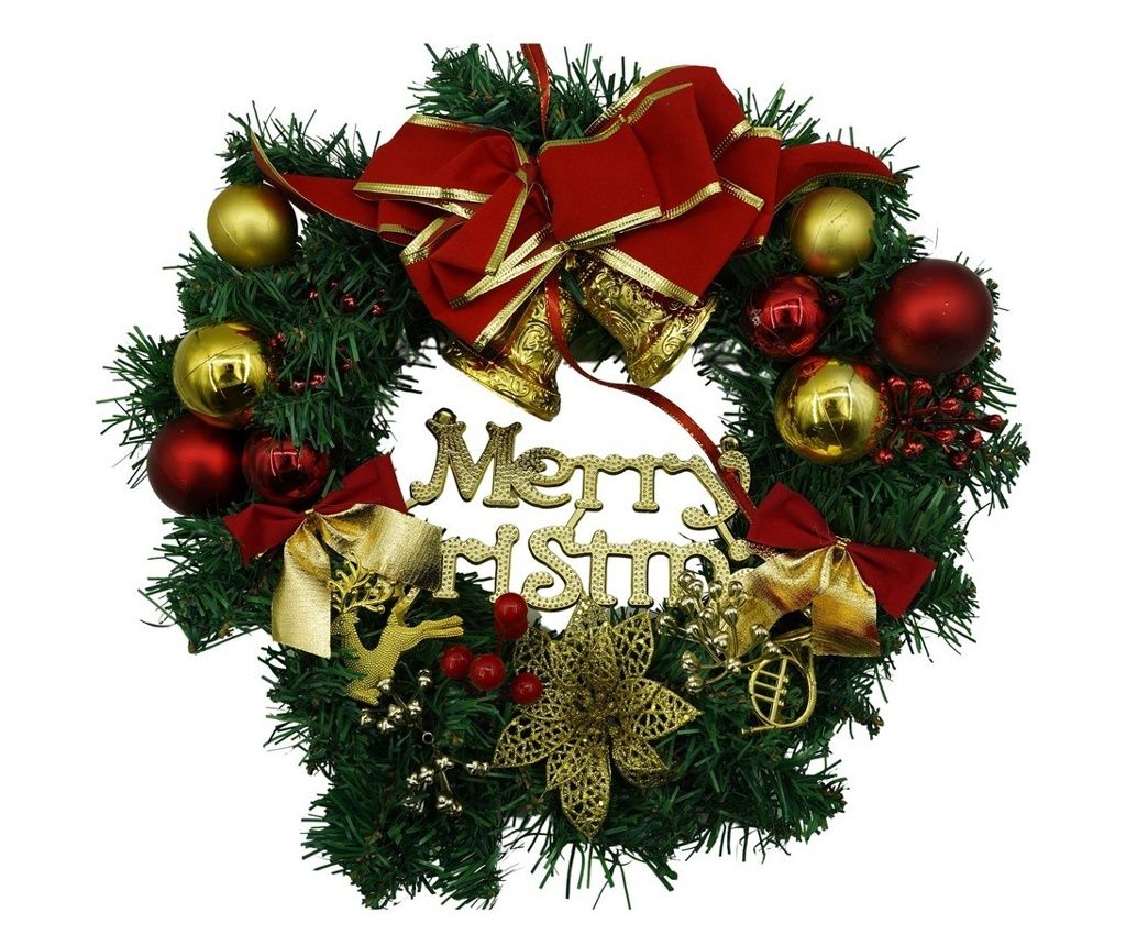 Christmas Wreath for Door, Red/Gold/Green, 40 cm, PVC, Artificial, Decorated, Indoor/Outdoor, Flippy