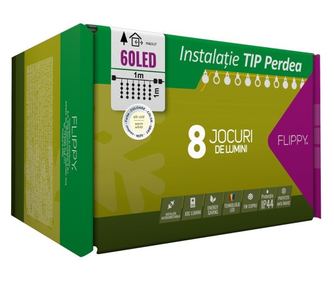 Instalatie Craciun, Tip Perdea, IP44, 1 m x 1 m, 60 LED-uri, Alb cald, 8 jocuri de lumini, Transformator cu telecomanda, Interco