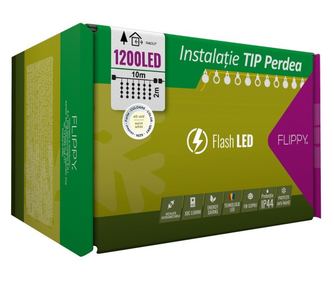 Instalatie Craciun, Tip Perdea, IP44, 10 m x 2 m, 1200 LED-uri, Alb cald, cu flash, Transformator cu telecomanda, Interconectabi