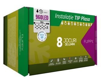 Instalatie Craciun, Tip Plasa, 9 m x 3 m, 960 LED-uri, Alb rece, 8 jocuri de lumini, Transformator, Interconectabila, Prelungito