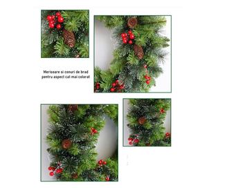 Coronita pentru Craciun 60 cm, din brad artificial, decorata cu conuri si merisoare, Verde