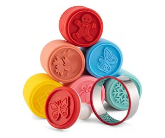 Set 6 stampile pentru prajituri tematica de Craciun, din silicon alimentar non-toxic, taietor aluat inclus, 6 cm, maner din plas