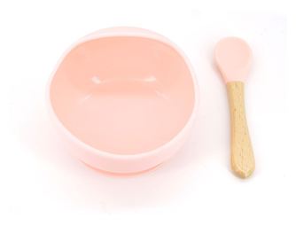 Set 2 piese diversificare bebelusi si copii din silicon bol cu ventuza, lingurita din lemn si silicon, pentru gustari, fara aler