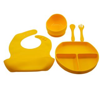 Set 5 piese diversificare bebelusi si copii din silicon baveta, farfurie compartimentata cu ventuza, bol cu ventuza, tacamuri, f