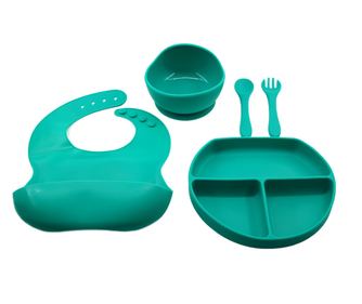 Set 5 piese diversificare bebelusi si copii din silicon baveta, farfurie compartimentata cu ventuza, bol cu ventuza, tacamuri, f