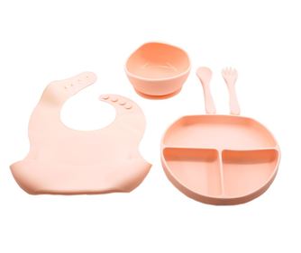 Set 5 piese diversificare bebelusi si copii din silicon baveta, farfurie compartimentata cu ventuza, bol cu ventuza, tacamuri, f