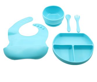 Set 5 piese diversificare bebelusi si copii din silicon baveta, farfurie compartimentata cu ventuza, bol cu ventuza, tacamuri, f