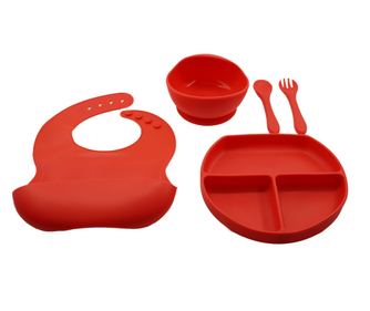 Set 5 piese diversificare bebelusi si copii din silicon NORTHERN™, baveta, farfurie compartimentata cu ventuza, bol cu ventuza,