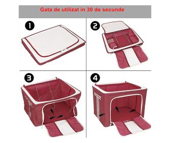 Cutie de Depozitare Pliabila, cu Fermoar, 100 L, Textil, 60x42x40 cm, O Fereastra, Cadru Metalic, Suport Baza Stabil din Plastic