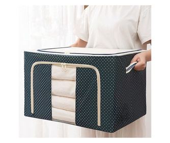 Cutie de Depozitare Pliabila, Cu Fermoar, 100 L, Textil, 60x42x40 cm, Albastru Marin, Cadru Metalic, Suport Baza Stabil din Plas