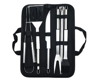 Set 9 Ustensile pentru Gratar, Cyrax, din Otel Inoxidabil, Geanta Oxford, Argintiu