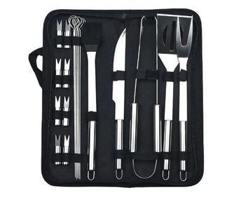 Set 18 Ustensile pentru Gratar, Cyrax, din Otel Inoxidabil, Geanta Oxford, Argintiu