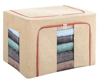 Cutie de Depozitare Pliabila,100 L, din Bumbac si In, 60X42X40 cm, Fereastra Frontala, 2 Usi de Acces cu Fermoar Bidirectional,