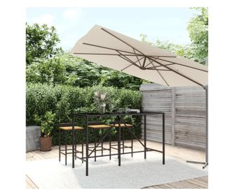 Masă de bar cu blat din sticlă, negru, 180x70x110 cm, poliratan