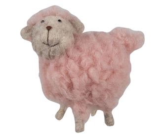 Rózsaszín textil bárány figura természetes fával, 14x7x10 cm