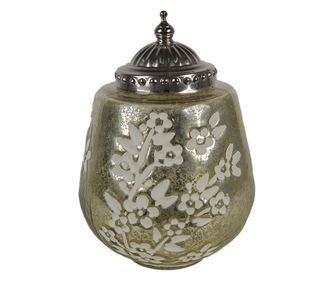 LED gyertya zöld és fehér üveggel, ezüst színű fémmel, 13x19 cm