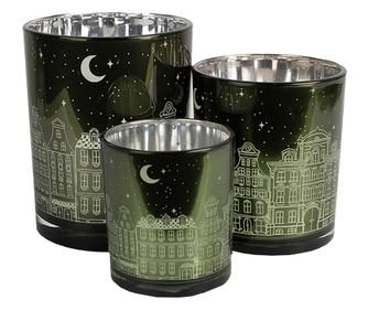 3 darabos karácsonyi gyertyatartó szett, zöld és ezüst üveg, 7x8 cm, 9x10 cm, 10x12 cm