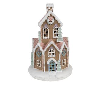 Mézeskalács házikó, többszínű polirezin LED-del, 14x22 cm