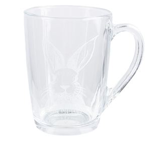 6 darabos, nyuszi mintás, átlátszó fehér üveg bögre szett, 300 ml