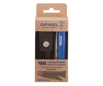 Nóż kieszonkowy N°08 z pochwą, stal nierdzewna, 8,5 cm, "Mój pierwszy", niebieski - Opinel