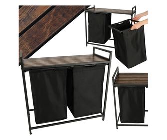 Голям кош за пране с две отделения, с рафт и дървен плот, модел LOFT, цвят черен