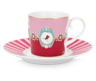 Espresso bögre csészealjjal, Pip Studio, 200 ml, piros és rózsaszín, Love Birds kollekció