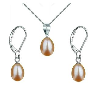 Set od srebra s prirodnim biserima, oblik suze, krem boja, 8/5 mm, Kaskadda