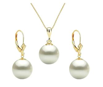 Set Žuto Zlato s Premium Bijelim Prirodnim Biserima, 10 mm, Kvaliteta AAA, Kaskadda