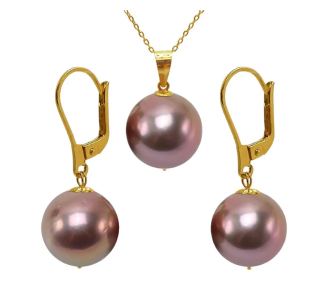 Set Ogrlica s Privjeskom i Naušnice s Prirodnim Edison Biserima, Lavanda Boja, AAA Kvaliteta, Rijetki Biseri 12 – 12,5 mm i Žuto