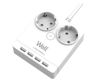 Prelungitor Well cu protectie, 2 prize, 4 porturi USB, 3 m, intrerupator, cablu 3 x 1.5mm, Alb
