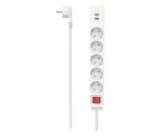 Разклонител HAMA USB-C/USB-A 3.4A, 5 гнезда, 2x USB, PD/Quick charge, макс 18W,1.4м, 3680W, бял