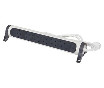 Разклонител Legrand Revolution L694533, Въртящ се, Със светещ ключ, 6 гнезда, 3x1.5 мм, Кабел 1.5 м, Бял/Сив