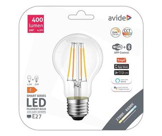 Крушка Avide Smart filament LED, Globe A60, 4.5W, CCT, WIFI + BLE APP управление