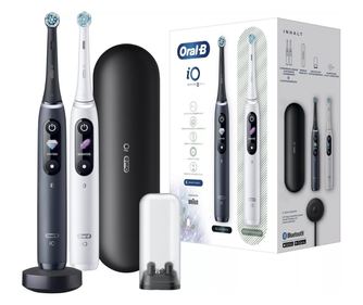Set 2 periute de dinti, Oral-B iO Series 8, 6 moduri, inteligenta artificiala, afisaj LED, senzor de presiune, husa de calatorie
