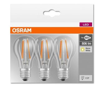 Комплект 3 крушки LED Osram A60, E27, 6.5 W (60 W), 806 лумена, Неутрална светлина (4000K), Енергиен клас E